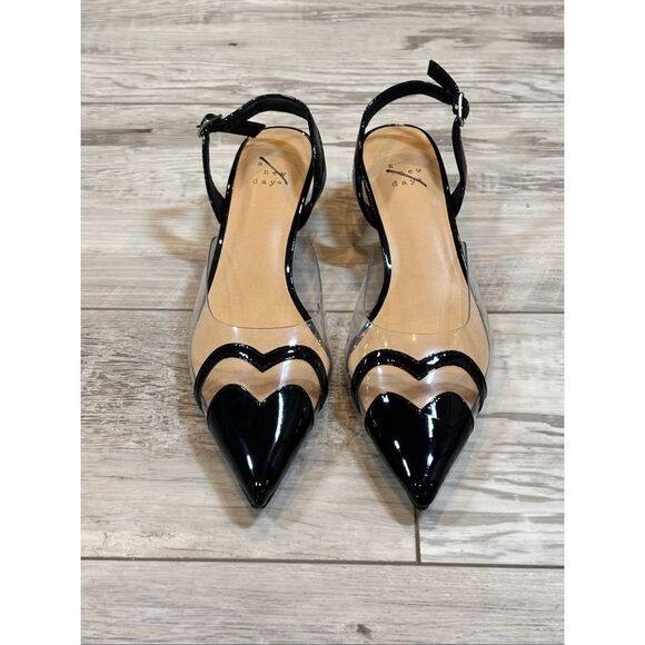 A New Day Eleanor Heart Slingback Kitten Black Heels Size 8 - Picture 3 of 11